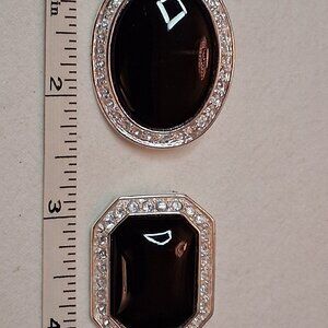 2 Vintage Signed Napier Black Cabochon Silver Crystal Rhinestone Brooches